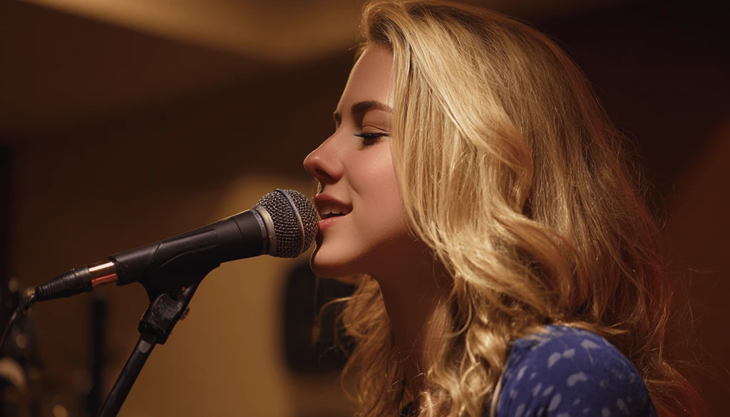 Blonde girl recording herself singing along to her favorite song