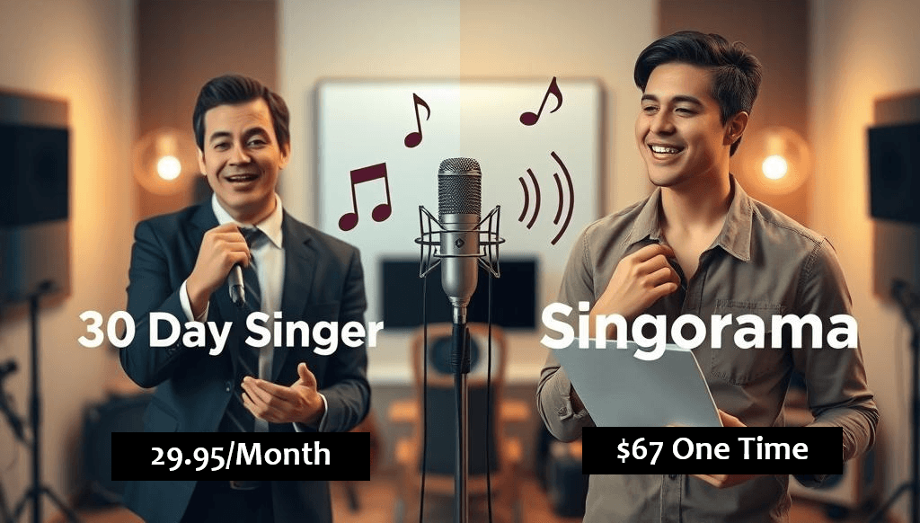 Pricing comparison graphic showing 30 Day Singer subscription at $29.95 per month versus Singorama one-time purchase at $67