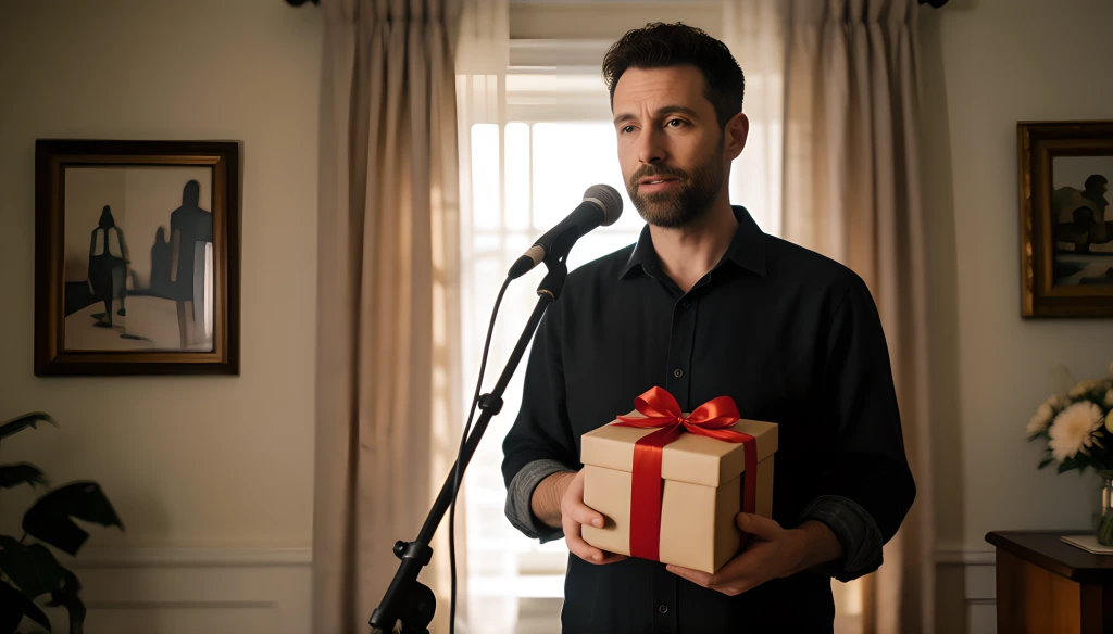 Man singing into a microphone at home while holding a gift with a bow
