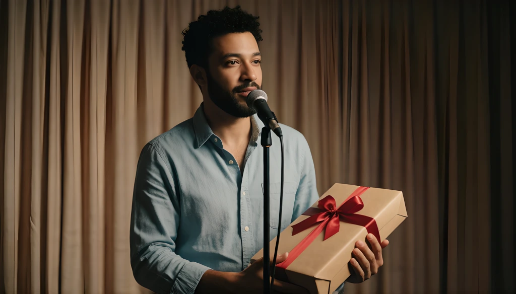 Man singing into a microphone while holding a wrapped birthday gift