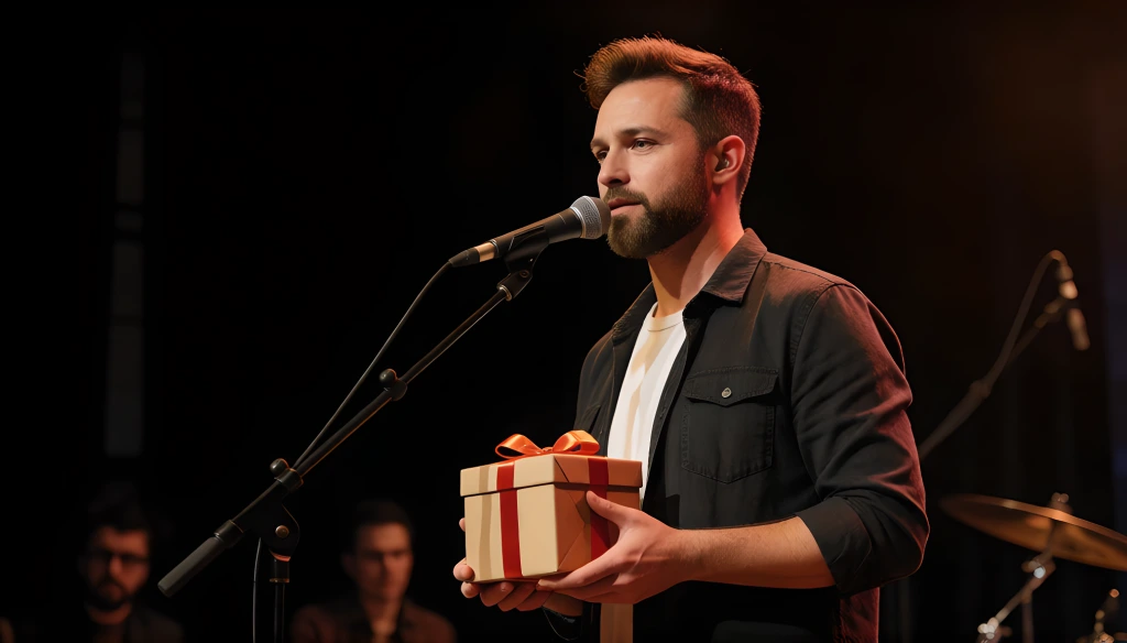Musician holding gift while singing into a microphone