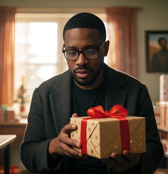 Young man holding a wrapped gift with a small christmas tree in the window behind him.